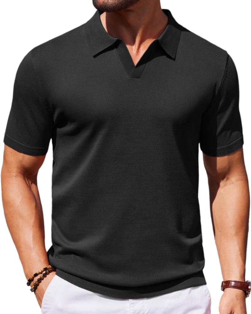 Ethan Herren Poloshirt aus Strick – Polokragen V-Ausschnitt Kurzarm mit seidigem Stretch-Effekt