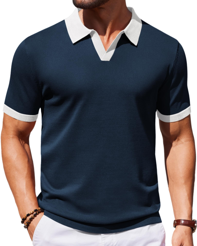 Ethan Herren Poloshirt aus Strick – Polokragen V-Ausschnitt Kurzarm mit seidigem Stretch-Effekt