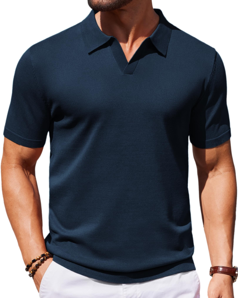 Ethan Herren Poloshirt aus Strick – Polokragen V-Ausschnitt Kurzarm mit seidigem Stretch-Effekt