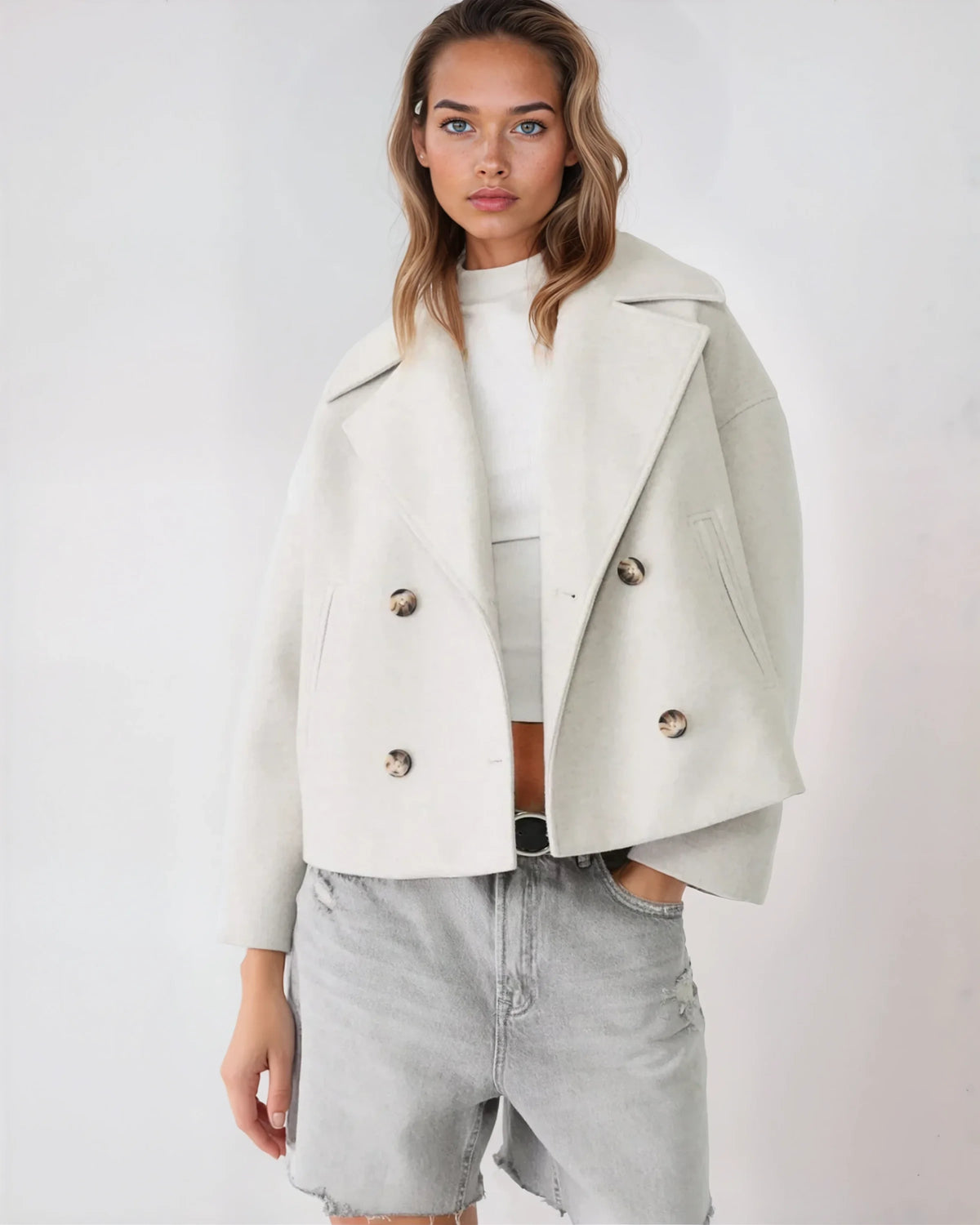 Vanessa chaqueta mujer – chaqueta corta cruzada de lana elegante y cálida para el invierno