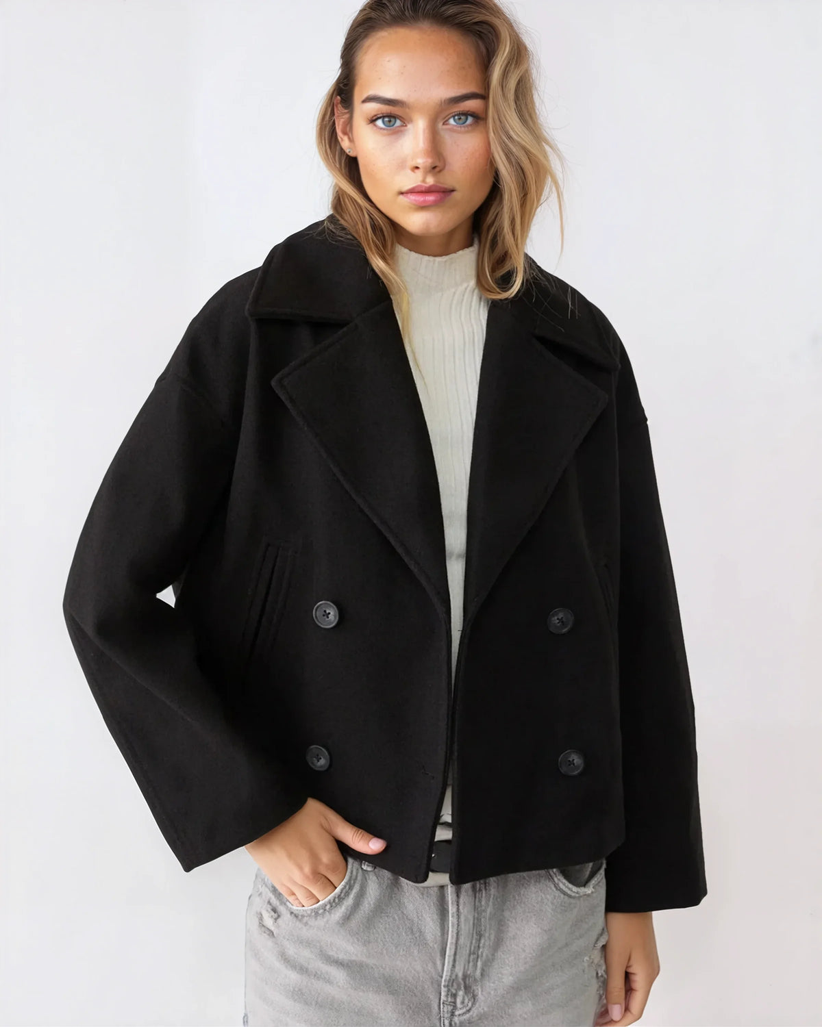 Vanessa chaqueta mujer – chaqueta corta cruzada de lana elegante y cálida para el invierno