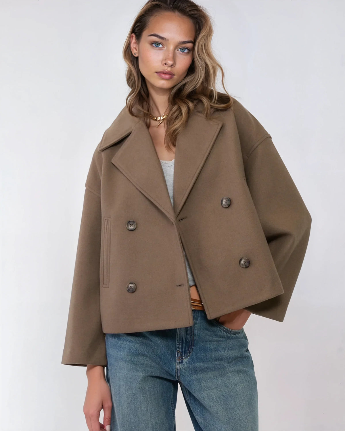 Vanessa chaqueta mujer – chaqueta corta cruzada de lana elegante y cálida para el invierno