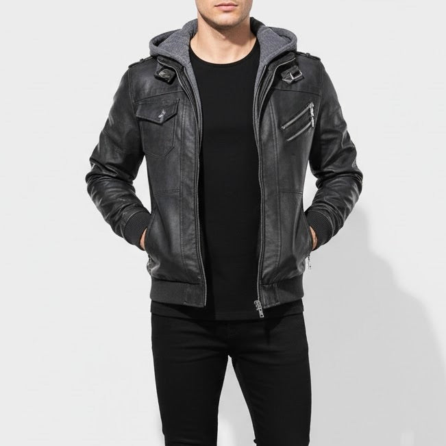 Filipo Men's Leather Jacket with Hood – Modern Jacket Regular Fit Urban Style