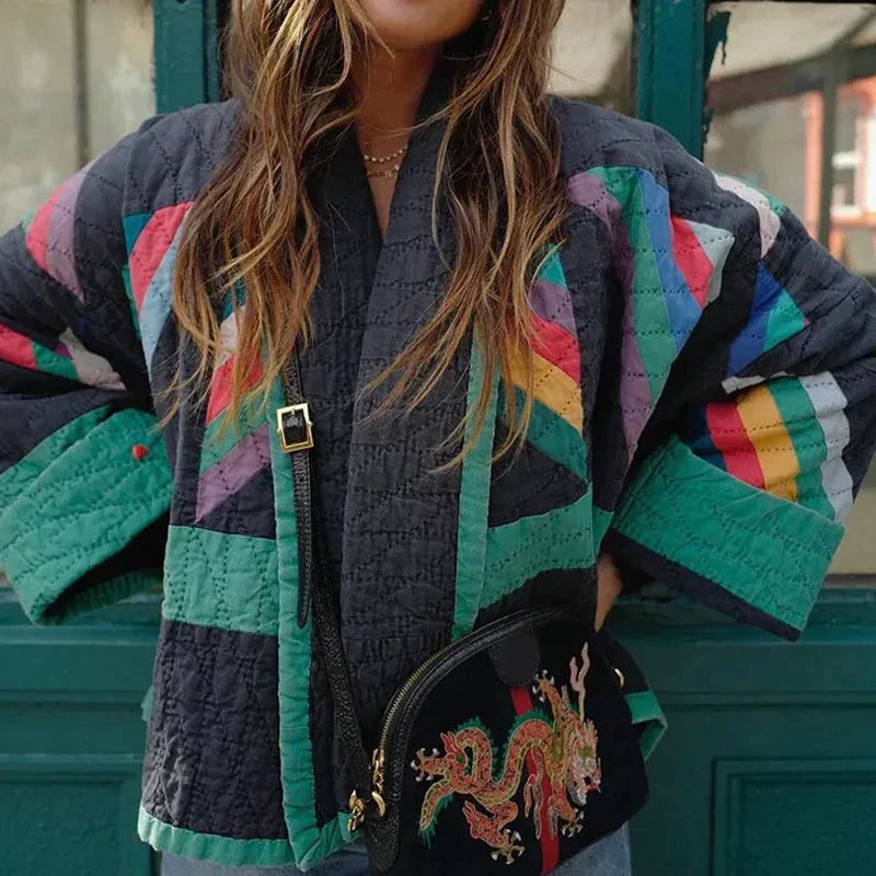 Zeline Women's Quilted Jacket – Oversized Retro Patchwork Coat with Modern Style