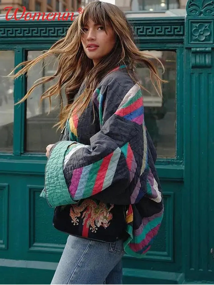 Zeline Women's Quilted Jacket – Oversized Retro Patchwork Coat with Modern Style