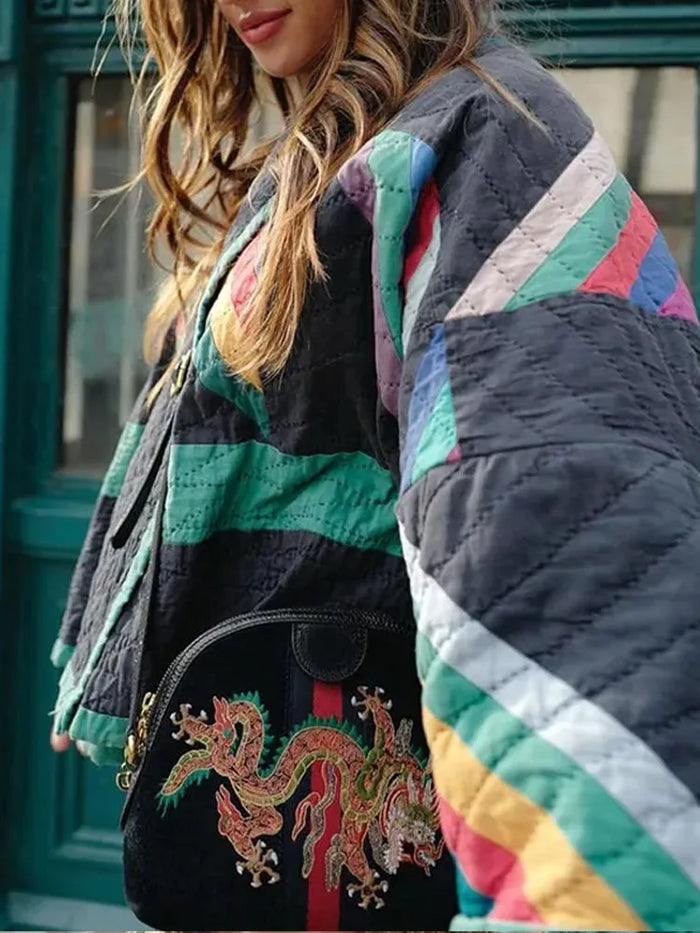 Zeline Women's Quilted Jacket – Oversized Retro Patchwork Coat with Modern Style